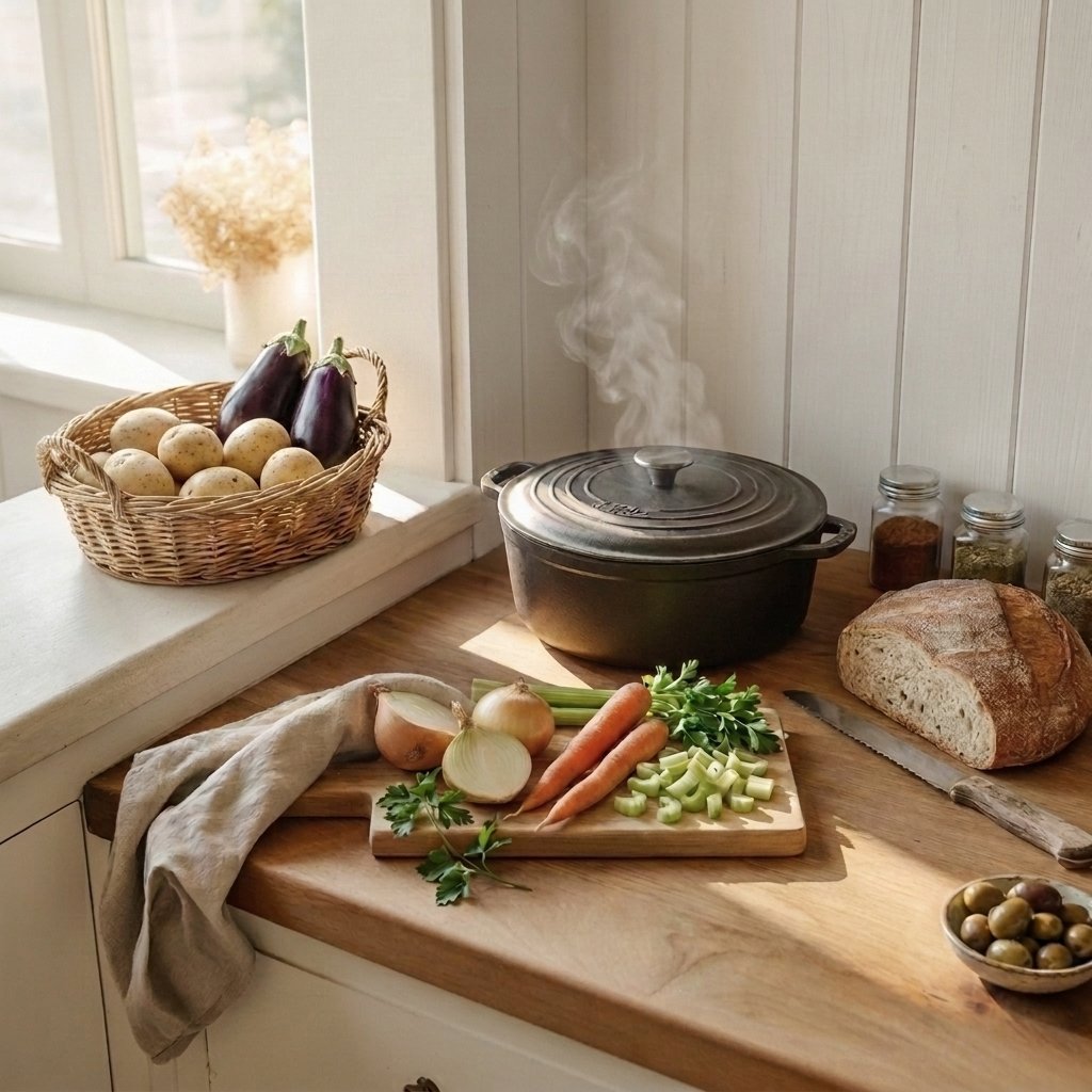 A quiet kitchen with a cast-iron pot gently steaming, whole vegetables, fresh herbs and a rustic sourdough loaf laid out on a wooden counter in warm morning light