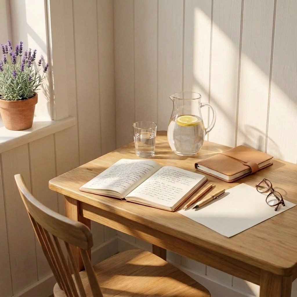 A quiet corner of the same farmhouse kitchen — a small wooden table with a notebook open, a pitcher of water, a bound leather journal and reading glasses, bathed in warm morning light, a chair pulled out as though someone has just stepped away